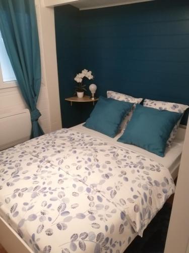 une chambre avec un lit aux murs bleus dans l'établissement Petite habitation meublée, à Biganos