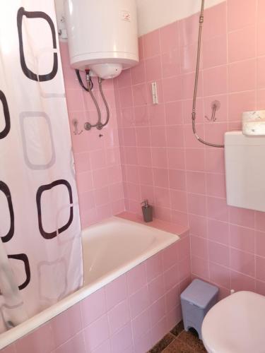 a pink bathroom with a tub and a toilet at Holiday Home Prišćapac in Prizba