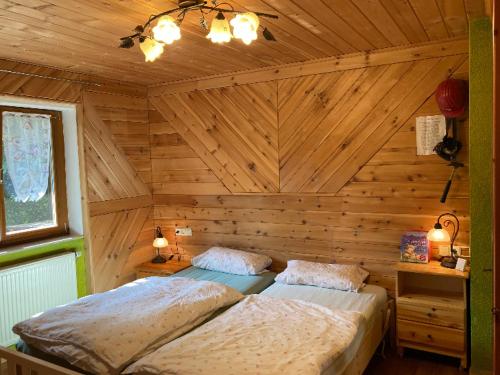 a bedroom with two beds in a wooden room at Ferienwohnung (idyllische Lage + 1800m² Garten) in Niederstetten