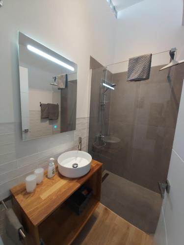 a bathroom with a sink and a shower at Casa Agua y Sol I in Poris de Abona