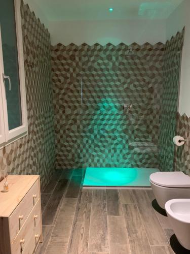 a bathroom with a shower with a toilet and a sink at Sala dell Estate Guest House in Secchia