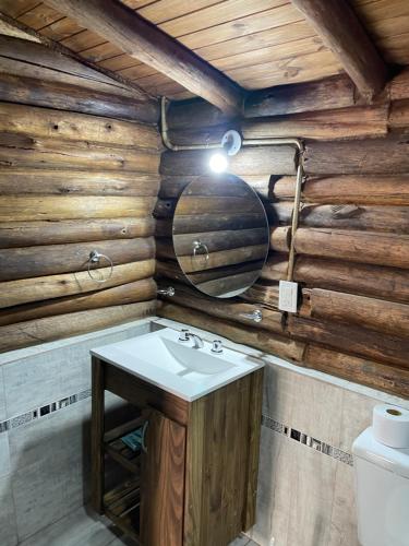 a bathroom with a sink in a wooden cabin at Cabañas NAOL in Uspallata