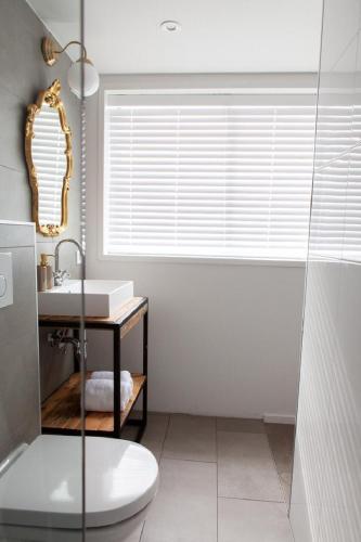 a bathroom with a toilet and a sink and a window at Aan Dek Druten in Druten