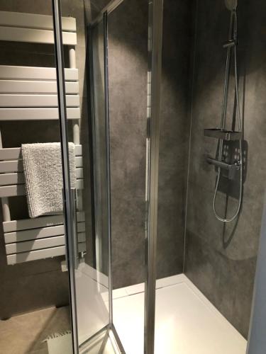 a shower with a glass door in a bathroom at Middelkerke green garden in Middelkerke