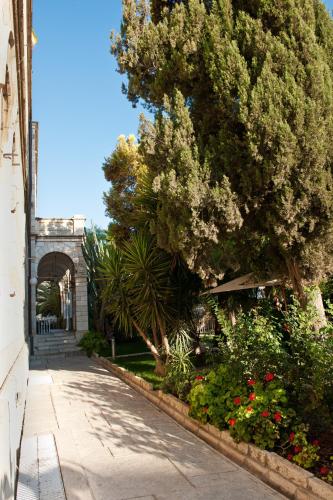 a street with a tree and some flowers and a building at Austrian Pilgrim Hospice in Jerusalem