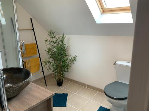 La salle de bains est pourvue d'un lavabo, de toilettes et d'une plante. dans l'établissement Vue sur le lac, à Huelgoat