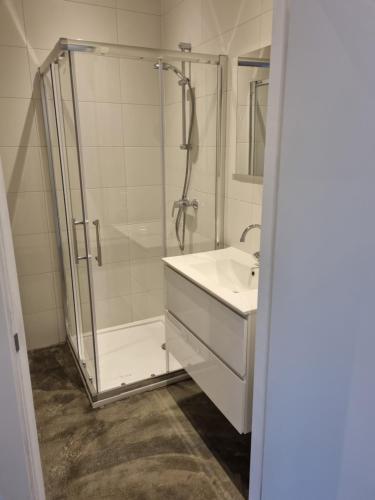 een badkamer met een douche en een wastafel bij De Rokerij in Monnickendam