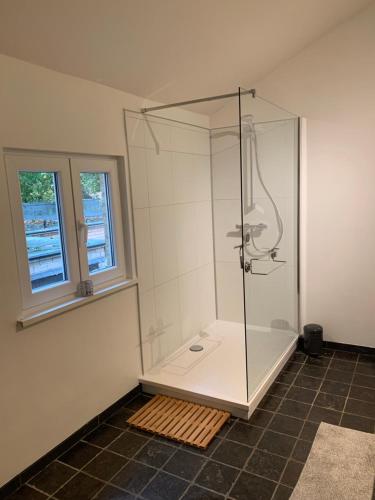 una doccia con cabina in vetro in bagno di Vakantiehuisje aan de Ijzer a Diksmuide