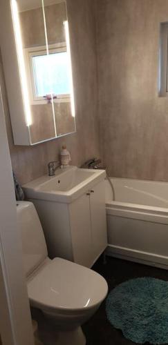 a bathroom with a toilet and a sink and a tub at Stort hus i vackra Karl Gustav, när fin bad och fiskesjö och Ullared in Karl Gustav