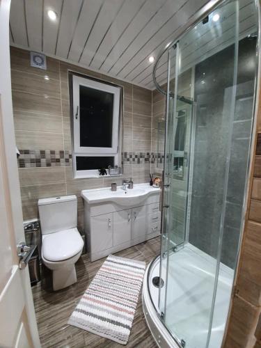 a bathroom with a shower and a toilet and a sink at Glasgow Comfortable and Modern 3 Bedroom Mid Terraced Villa in Glasgow