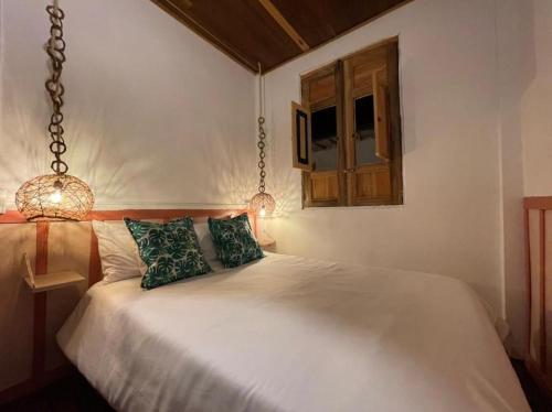 a bedroom with a white bed with two pillows at Mahalo Hostel in Salento