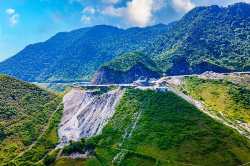 an aerial view of a mountain with a road at Mai Chau Mountain View Resort in Mai Chau