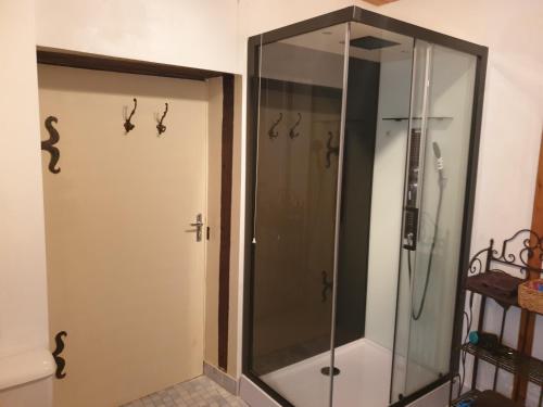 a shower in a bathroom with a glass door at Le Chateau in Châteauponsac