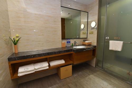 a bathroom with a sink and a mirror at Grand Skylight International Hotel Huizhou in Huizhou
