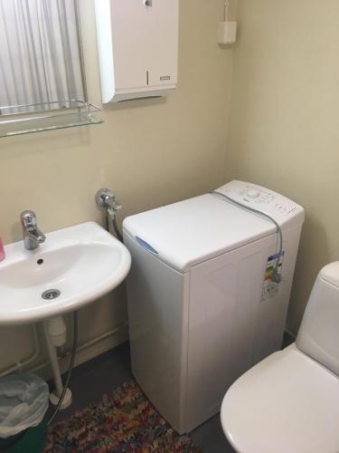 a small bathroom with a sink and a white refrigerator at Patikoijan Pirtti in Kolinkylä