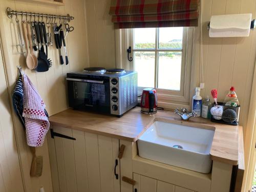 una pequeña cocina con fregadero y microondas en The Rowan Shepherds Hut en Eyemouth