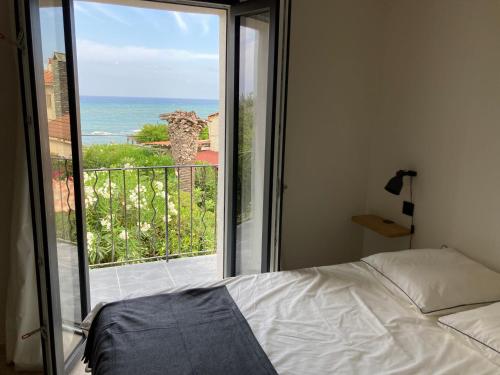 a bedroom with a bed and a view of the ocean at Maison pieds dans l eau avec piscine et clim in Linguizzetta