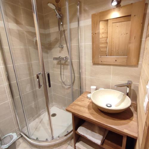 une salle de bain avec douche et lavabo dans l'établissement Appartement au lac ski aux pieds, à Tignes