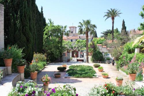 un jardin avec des plantes en pot et des palmiers ainsi qu'un bâtiment dans l'établissement STUDIO Canaille, à Cassis
