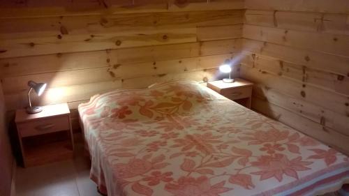 1 dormitorio con 2 mesitas de noche y 1 cama con 2 lámparas en Chez Luciana- Appartement en chalet de montagne, en Aillon-le-Jeune