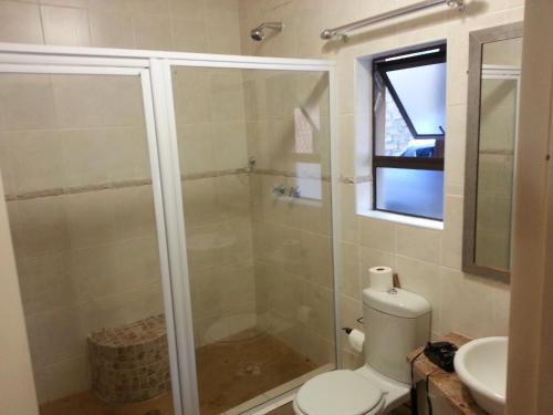 a bathroom with a shower and a toilet at eBundu Lodge in White River