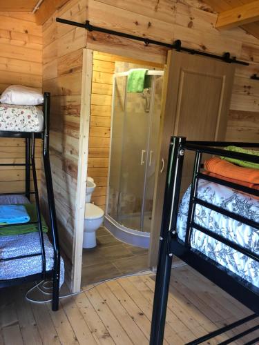 um quarto com um chuveiro e um beliche numa cabina em MARILLUNA aixoplucrural em Montblanquet
