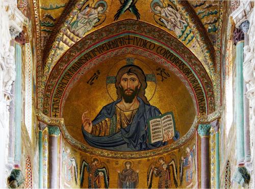 a painting of builder on the wall of a church at Calypso in Cefalù