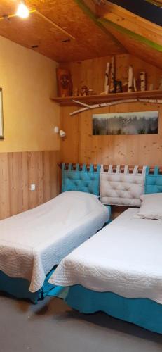 two beds in a room with wooden walls at MAISON LUPINS 8 PERSONNES in Geishouse