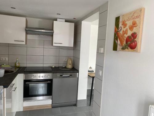 a kitchen with stainless steel appliances and a painting on the wall at Ferienwohnung Rosenweg in Schmalkalden