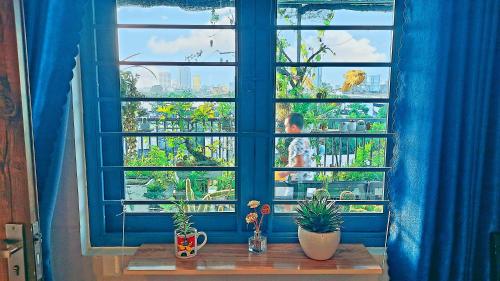 a blue window with plants on a wooden table at Sena home 4th-Rooftop Overlooking Danang Dragon bridge in Da Nang