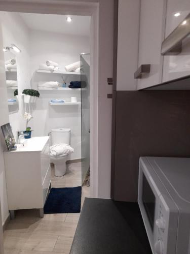 a bathroom with a toilet and a sink and a mirror at APARTAMENTO LA CRUCILLADA in La Guancha