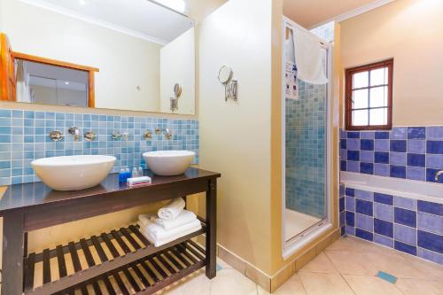 a bathroom with a sink and a shower at Kleinbosch Lodge in Stellenbosch