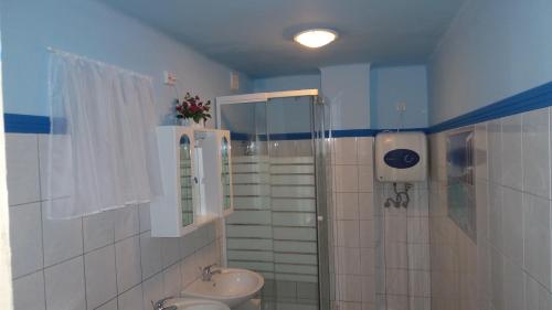 y baño con ducha, aseo y lavamanos. en Tiszavirág Apartmanház, en Szeged