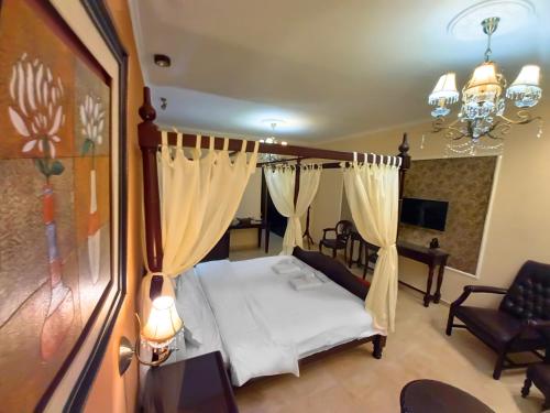 a bedroom with a bed and a chandelier at Pozar Salt Cave Hotel Spa in Kato Loutraki