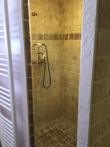 eine Dusche mit einem Schlauch im Bad in der Unterkunft Prieuré St Jean à Autichamp in Autichamp