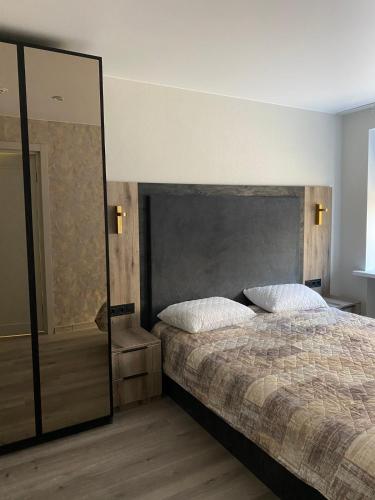 a bedroom with a large bed and a large mirror at Prestige Apartments Berezinka in Dnipro