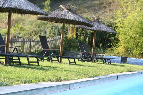 a group of chairs and umbrellas next to a pool at Mas Manyaques in Le Tech