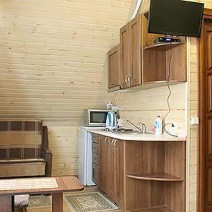 a kitchen with a sink and a microwave at Садиба Панська in Plav'ya