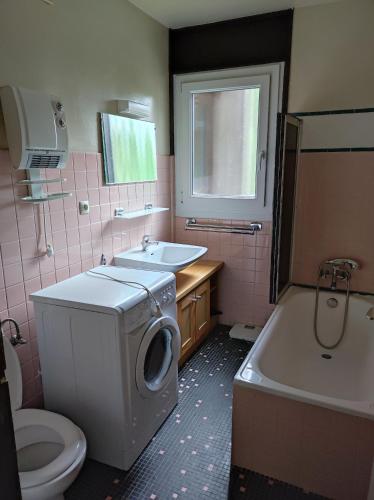 une salle de bain avec une machine à laver et un lavabo dans l'établissement Appartement proche village et remontées mécaniques, à Saint-Gervais-les-Bains
