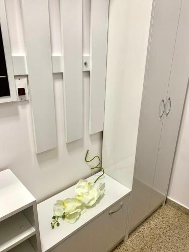 a white kitchen with white cabinets and white flowers on a counter at ,,Адела”-апартамент за гости in Velingrad