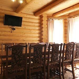 a dining room with chairs and a flat screen tv at Садиба Панська in Plav'ya