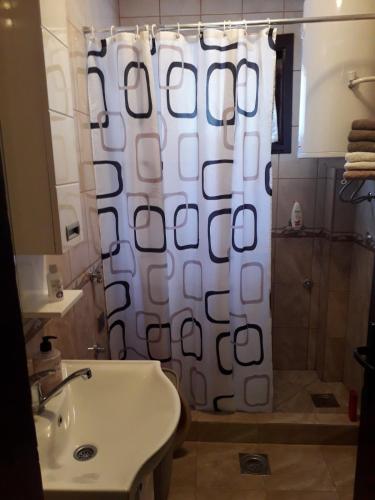 a bathroom with a shower curtain and a sink at Rakić apartman in Bajina Bašta