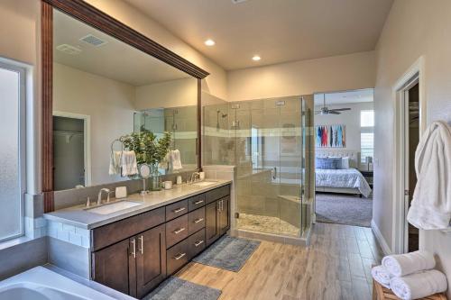 a bathroom with a sink and a shower at Lavish 3 BR La Quinta Oasis Less Than 2 Mi to Old Town in La Quinta