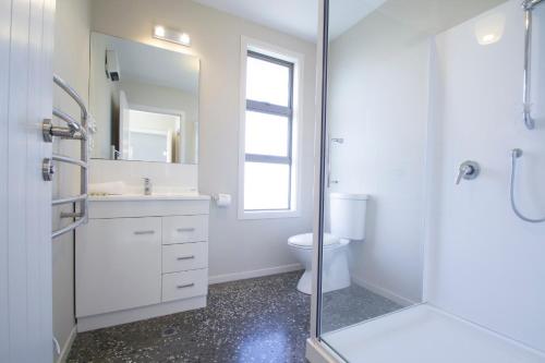 a bathroom with a toilet and a glass shower at Takapō Escape - Lake Tekapo in Lake Tekapo