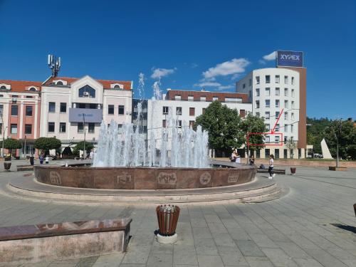 トゥズラにあるTuzla Trg - Tuzla Squareの建物が立ち並ぶ都市の中心の噴水