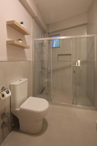 a bathroom with a toilet and a shower at Çiğdem'inn Sığacık (Cigdeminn Sigacik) in Siğacık