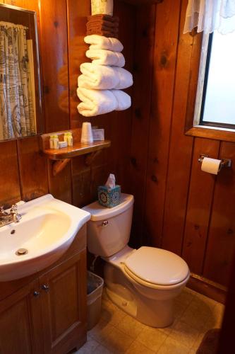a bathroom with a toilet and a sink and towels at Foot of the Mountain Motel in Boulder