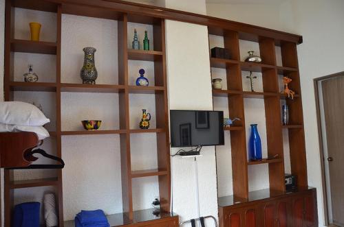 a living room with wooden shelves and a tv at La Casita de Coyoacán in Mexico City