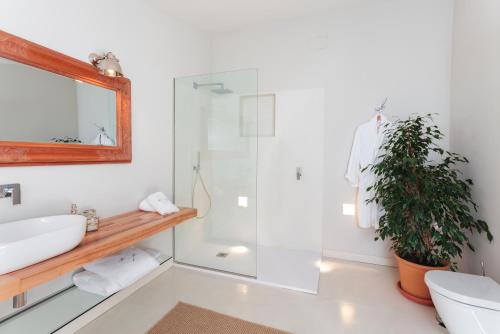 a bathroom with a shower and a sink and a mirror at Jardí de Ses Bruixes Boutique Hotel in Mahón