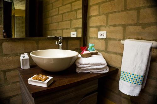 a bathroom with a bowl sink and towels on a counter at Cabaña Campestre Sol Muisca RNT85322 in Villa de Leyva